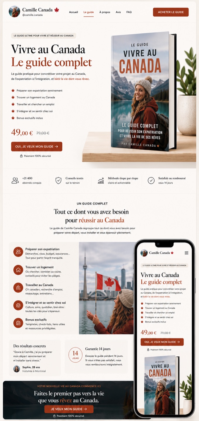 Page de vente du guide PDF Vivre au Canada pour réussir son expatriation