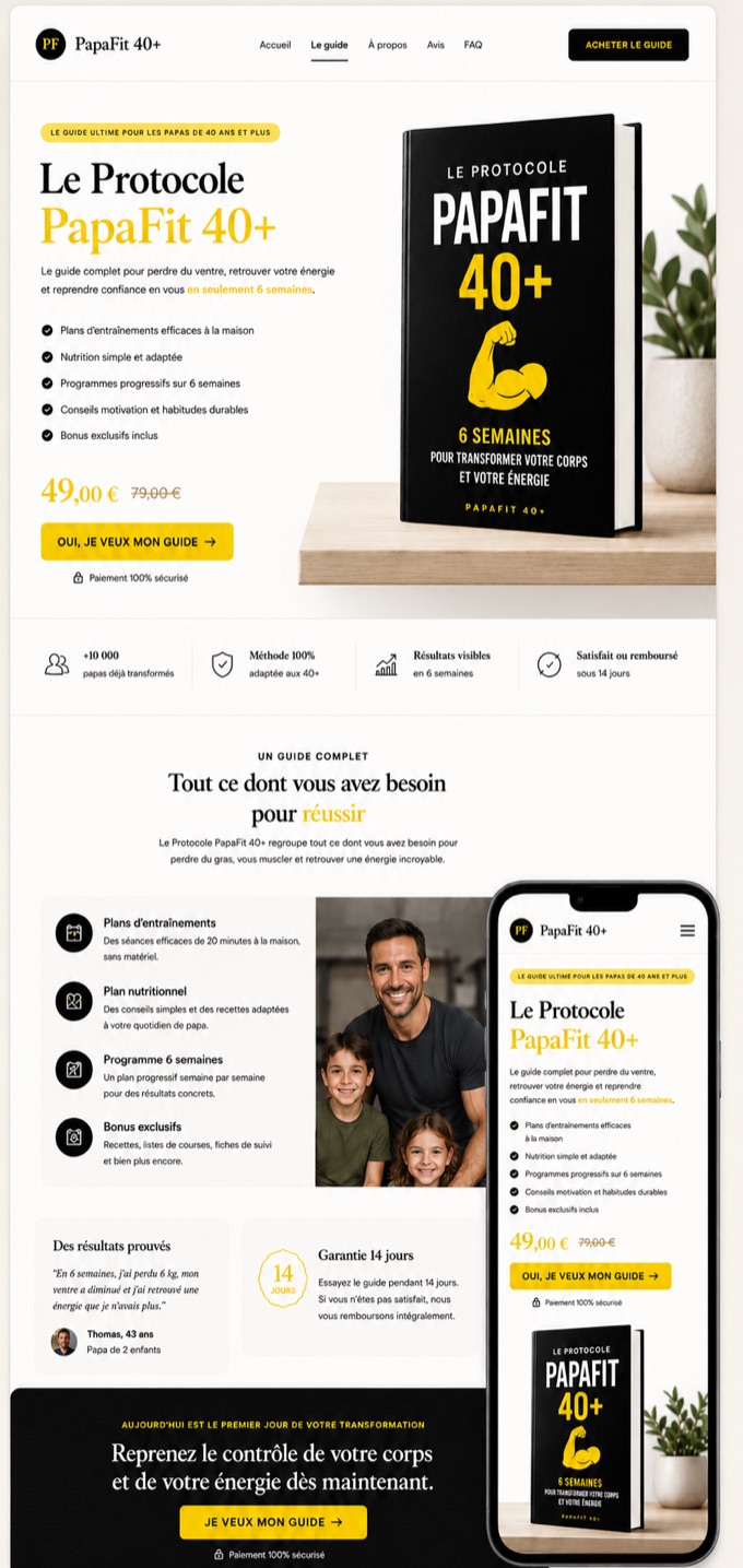 Page de vente du guide PDF PapaFit 40+ pour la remise en forme des papas de plus de 40 ans