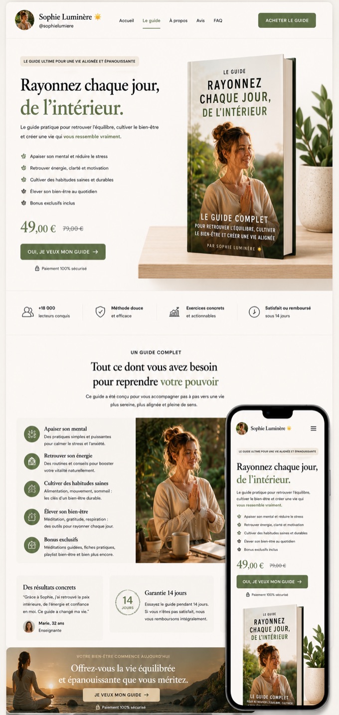 Page de vente du guide PDF de méditation Rayonnez chaque jour de l'intérieur